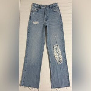 Zara High Rise Distressed Wide Leg Jeans Full Length Raw Hem Ripped Size 4
